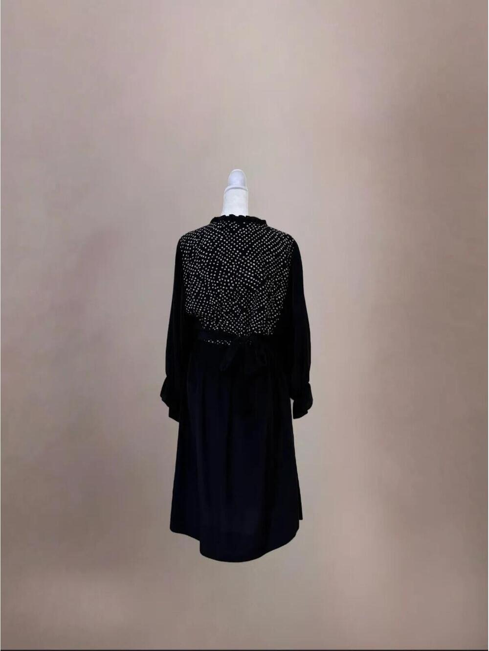 BCBG Black Ruffle Sleeve Midi Dress Polka Dot Geometric Print V-Neck - Picture 2 of 5
